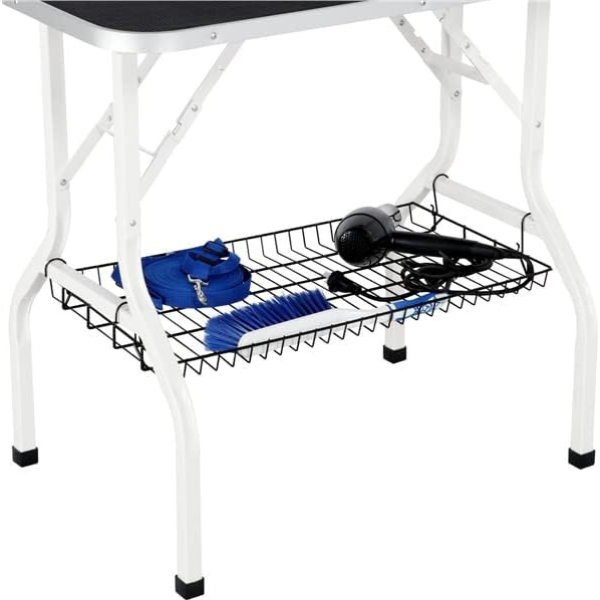 Foldable Dog Grooming Table Adjustable Arm 2 Straps Storage Basket Large Non Slip Surface Holds up to 220 lbs