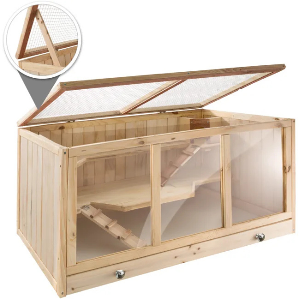 Wooden Small Animal Cage with Hinged Wire Mesh Roof for Hamsters Guinea Pigs Rabbits
