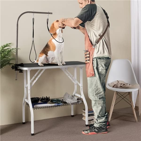 Foldable Dog Grooming Table Adjustable Arm 2 Straps Storage Basket Large Non Slip Surface Holds up to 220 lbs