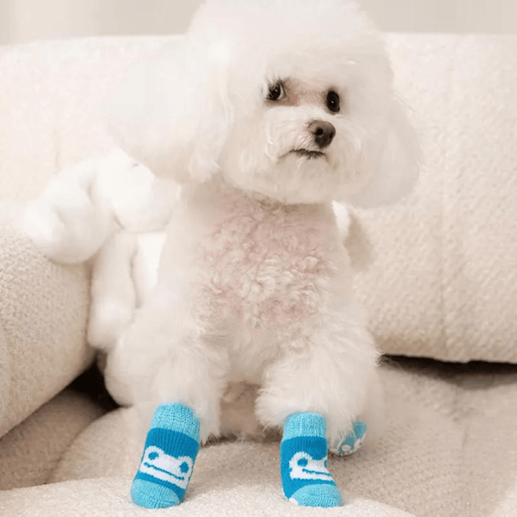 Dog Socks Non Slip Blue Frog Pattern Pet Booties for Indoor Outdoor Use