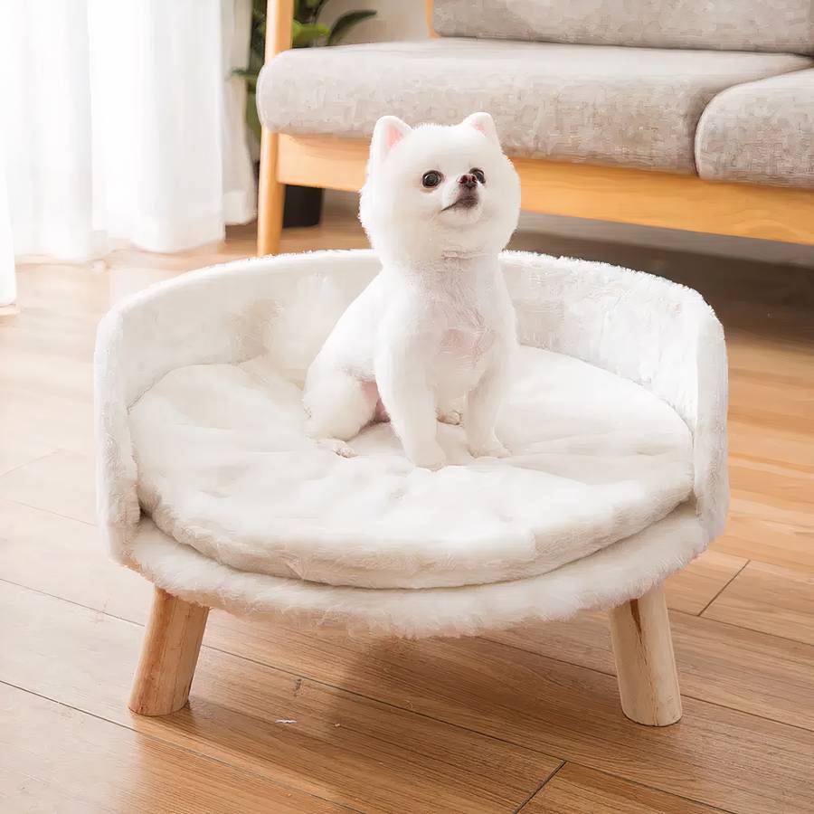 Round White Dog Couch with Wooden Legs Pet Sofa Bed