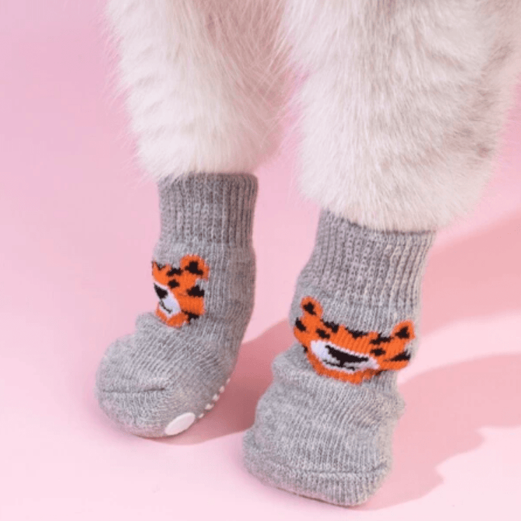Dog Socks Non Slip Gray Tiger Print Pet Socks for Small Medium Large Dogs