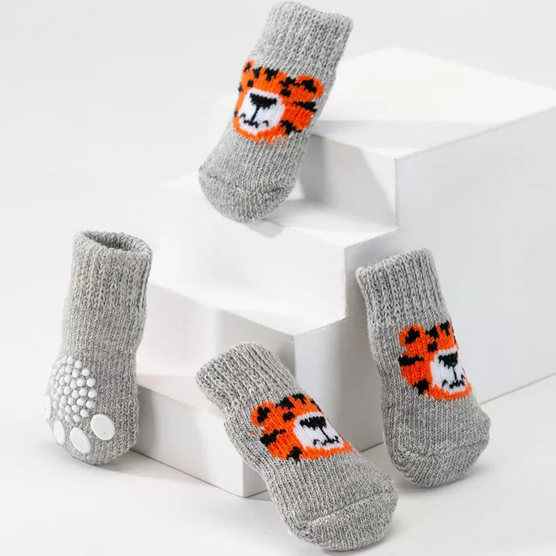 Dog Socks Non Slip Gray Tiger Print Pet Socks for Small Medium Large Dogs
