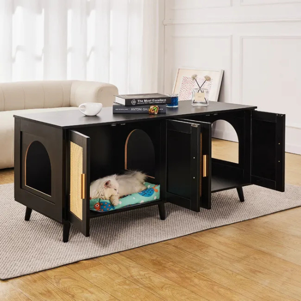 Wooden Litter Box Cabinet for 2 Cats Black Rattan Decorative Storage Furniture