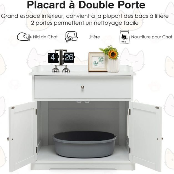 Hidden Cat Litter Box Furniture Enclosure with Drawer and Double Doors for Cats