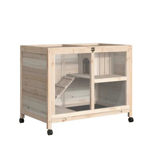 2-Tier Rabbit Hutch on Wheels with Hut and Pull-Out Waste Tray