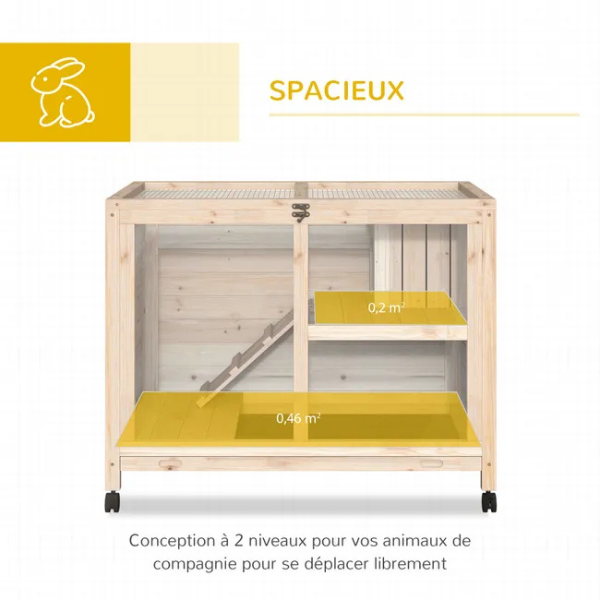 2-Tier Rabbit Hutch on Wheels with Hut and Pull-Out Waste Tray