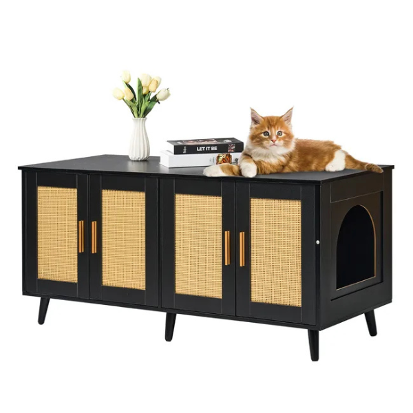Wooden Litter Box Cabinet for 2 Cats Black Rattan Decorative Storage Furniture