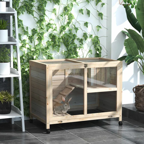 2-Tier Rabbit Hutch on Wheels with Hut and Pull-Out Waste Tray