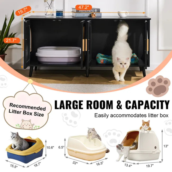 Wooden Litter Box Cabinet for 2 Cats Black Rattan Decorative Storage Furniture