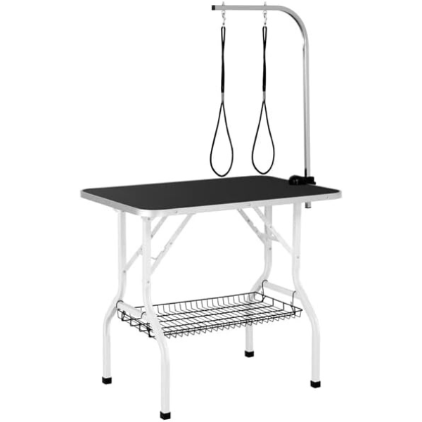 Foldable Dog Grooming Table Adjustable Arm 2 Straps Storage Basket Large Non Slip Surface Holds up to 220 lbs