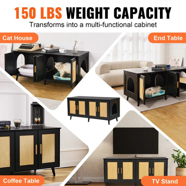 Wooden Litter Box Cabinet for 2 Cats Black Rattan Decorative Storage Furniture