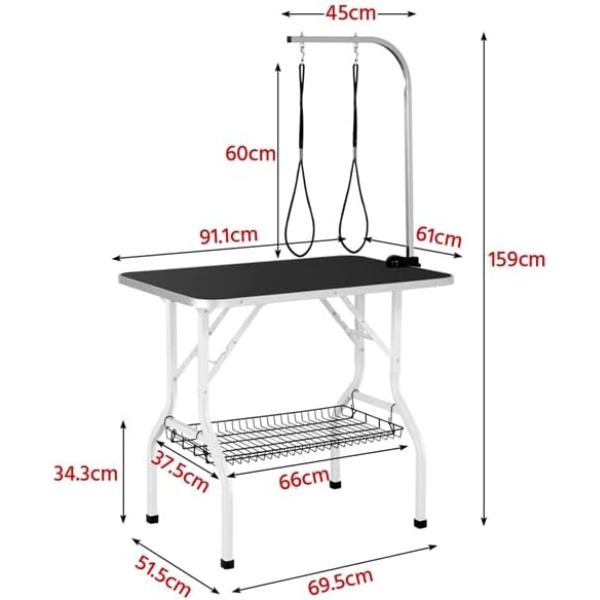 Foldable Dog Grooming Table Adjustable Arm 2 Straps Storage Basket Large Non Slip Surface Holds up to 220 lbs