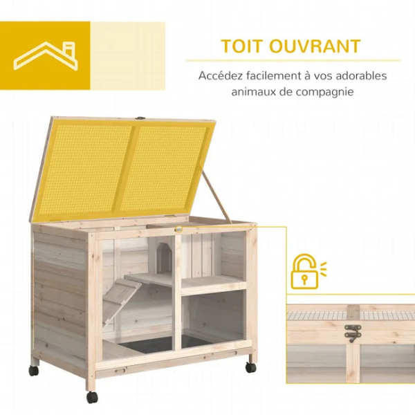 2-Tier Rabbit Hutch on Wheels with Hut and Pull-Out Waste Tray