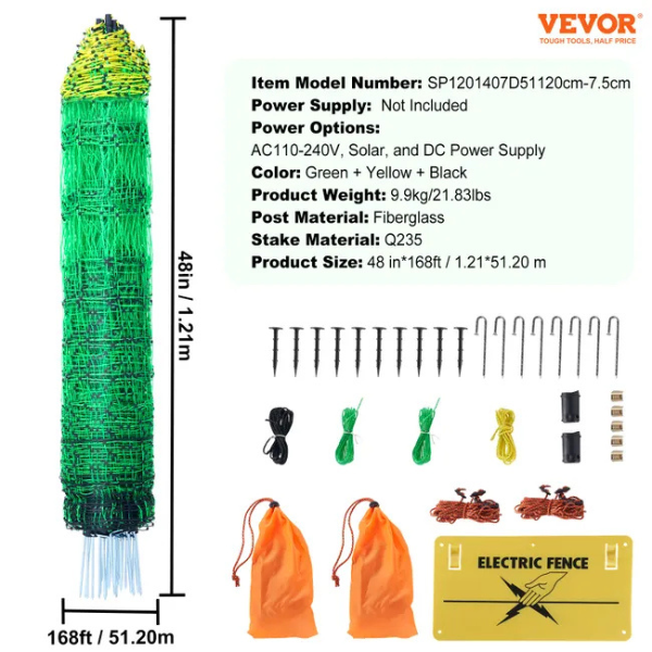 Electric Fence Netting Kit 4ft x 168ft - PE Mesh Fence with Posts and Double-Pointed Stakes - Portable Utility Poultry Chicken Fence