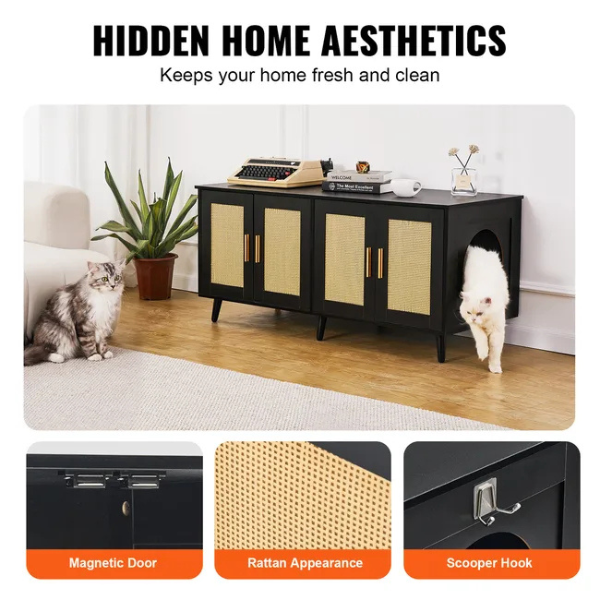 Wooden Litter Box Cabinet for 2 Cats Black Rattan Decorative Storage Furniture