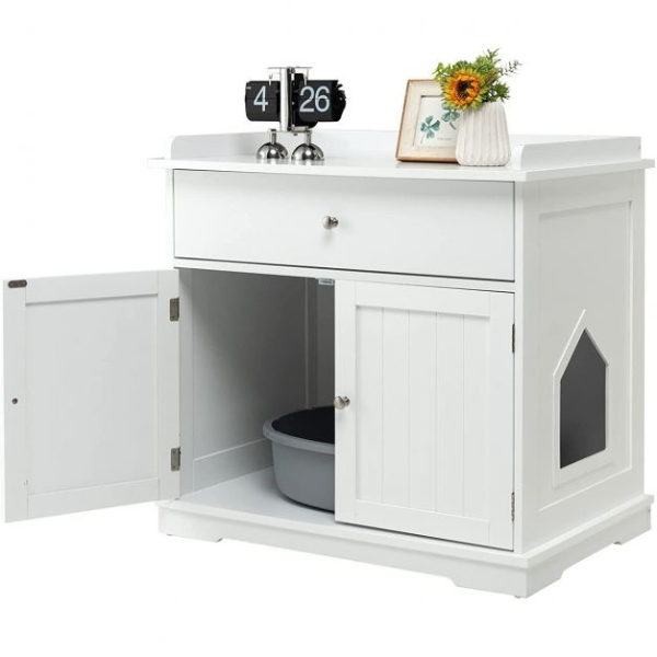 Hidden Cat Litter Box Furniture Enclosure with Drawer and Double Doors for Cats