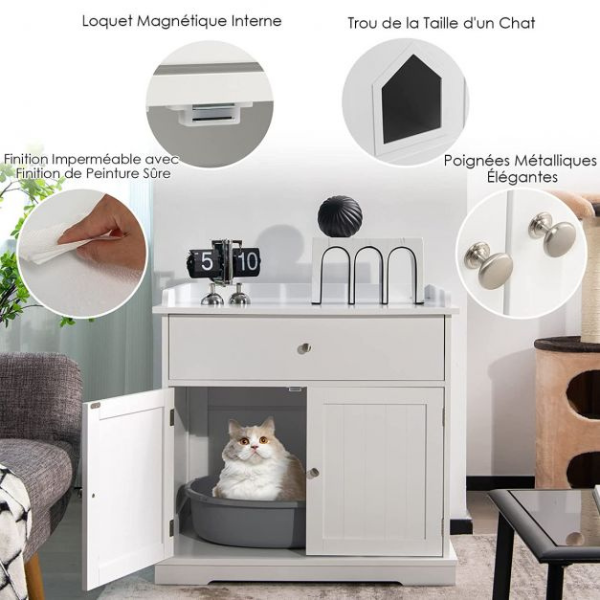 Hidden Cat Litter Box Furniture Enclosure with Drawer and Double Doors for Cats