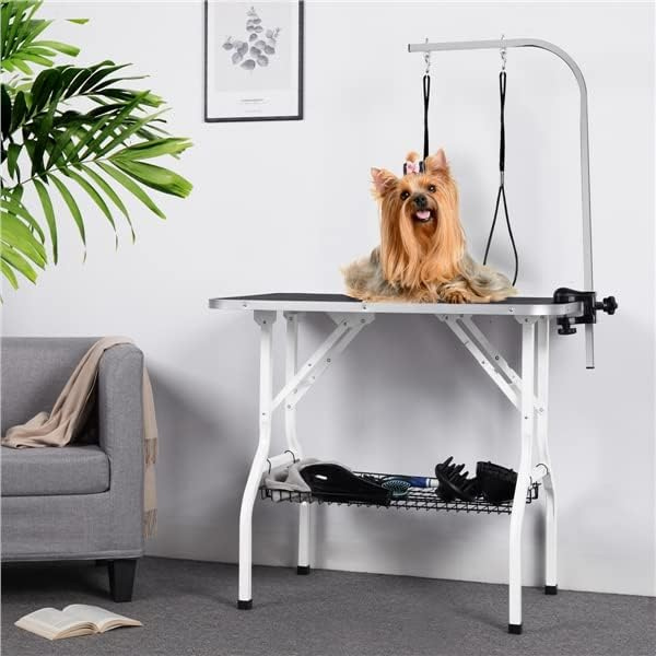 Foldable Dog Grooming Table Adjustable Arm 2 Straps Storage Basket Large Non Slip Surface Holds up to 220 lbs