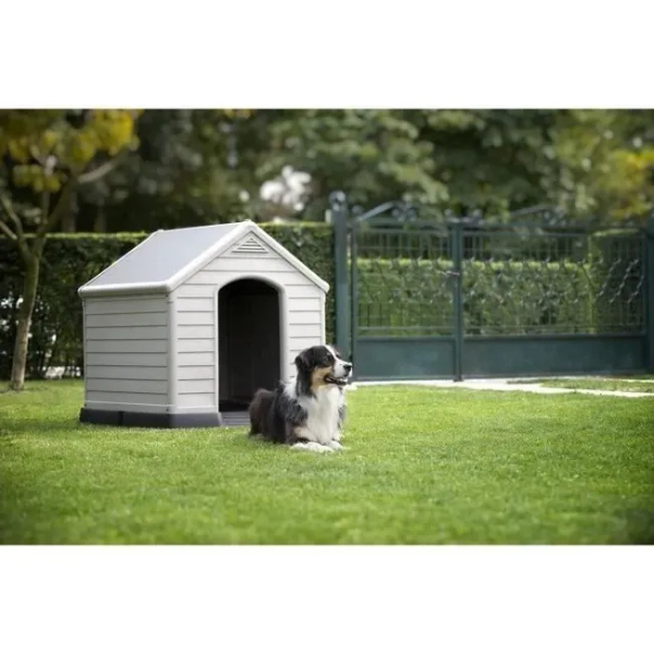 Beige and Brown Plastic Dog House 39 x 37 x 39 Inches Durable Outdoor Kennel
