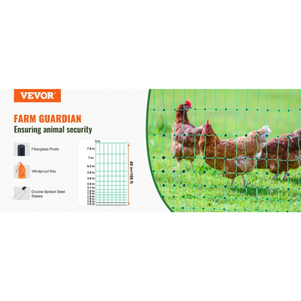 Electric Fence Netting Kit 4ft x 168ft - PE Mesh Fence with Posts and Double-Pointed Stakes - Portable Utility Poultry Chicken Fence