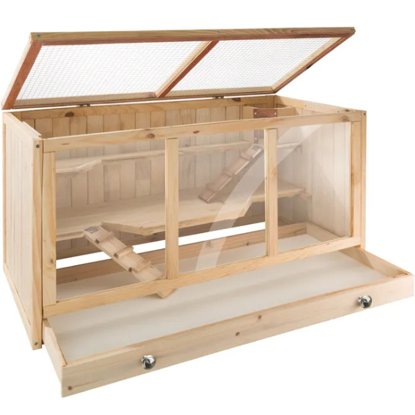 Wooden Small Animal Cage with Hinged Wire Mesh Roof for Hamsters Guinea Pigs Rabbits