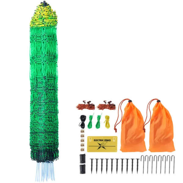 Electric Fence Netting Kit 4ft x 168ft - PE Mesh Fence with Posts and Double-Pointed Stakes - Portable Utility Poultry Chicken Fence