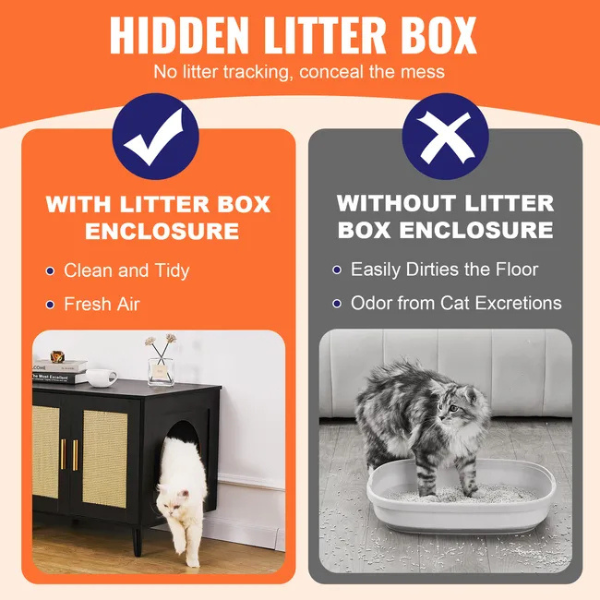 Wooden Litter Box Cabinet for 2 Cats Black Rattan Decorative Storage Furniture