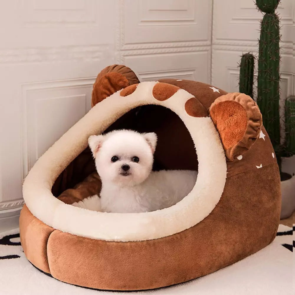 Bear Shaped Cat Bed Cozy Pet Cave Plush Cat House Comfortable Cat Sleeping Pod
