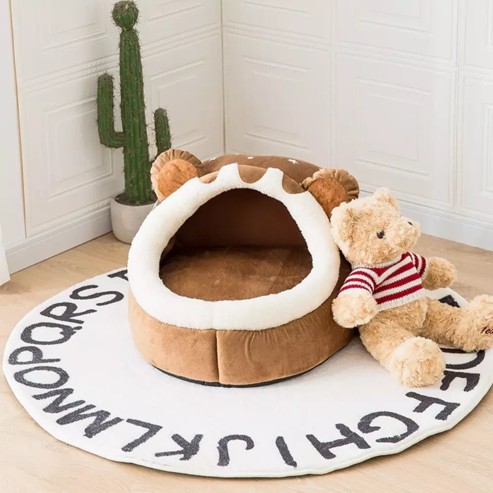 Bear Shaped Cat Bed Cozy Pet Cave Plush Cat House Comfortable Cat Sleeping Pod