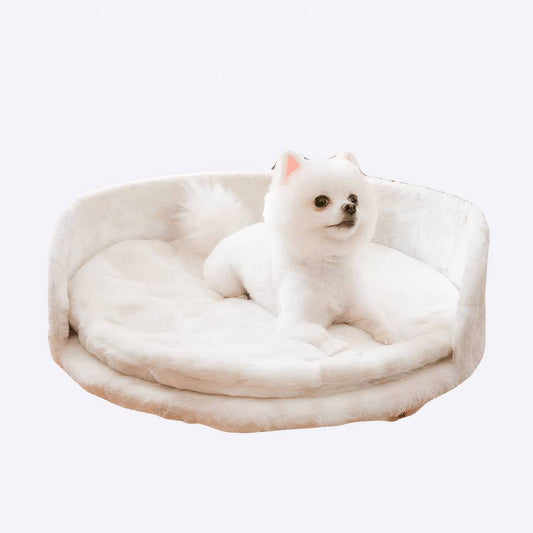 Round White Dog Couch with Wooden Legs Pet Sofa Bed